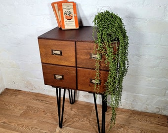 Vintage Mid-Century Card Drawers on Hair Pin Legs / Library Drawers / Mid Century Modern Furniture