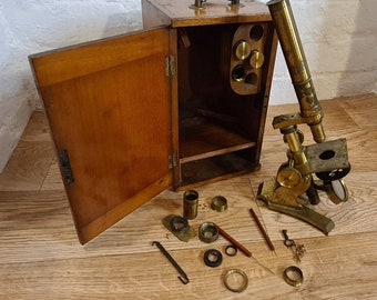 Antique Microscope / Victorian Brass Bar-Limb Microscope with of Accessories