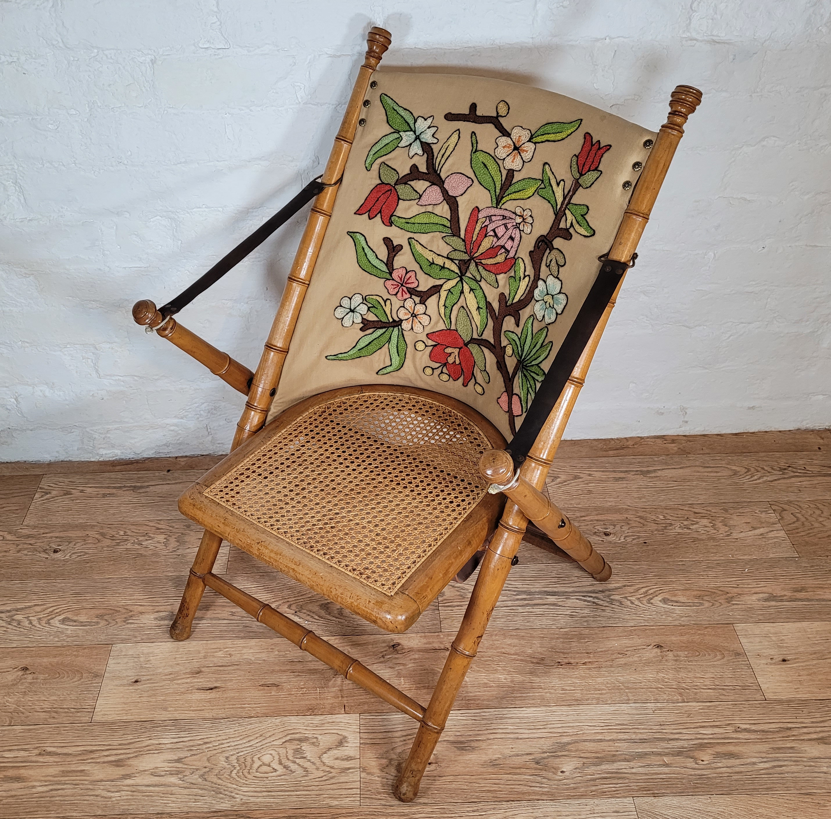 Mid-Century Spanish Carved Walnut Folding Chair With Original