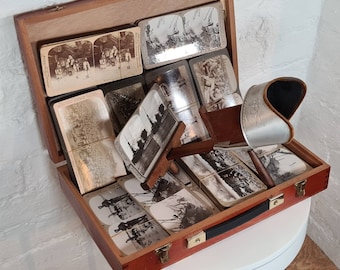 Antique Stereoscope / Handheld Stereoviewer with over 160 Military / Conflict Themed Stereocards