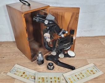 Microscopio binocular Watson vintage / Microscopio Bactil vintage / Microscopio grande y pesado esmaltado en negro