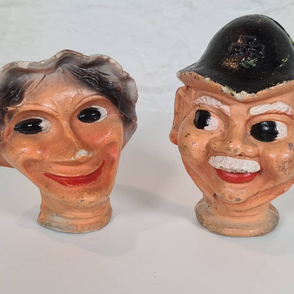 Ausgefallene antike deutsche Kasperle Puppenköpfe