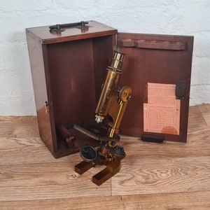 Antique Brass Microscope / R & J Beck Microscope with Case