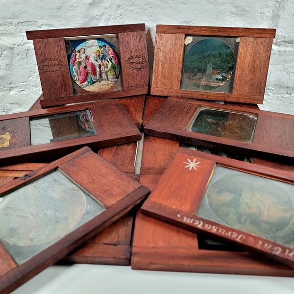 12 Antique Magic Lantern Slides / Square Magic Lantern Slides in Mahogany Frames