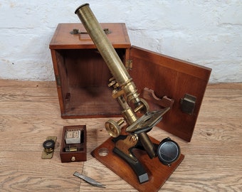Antique Microscope / Victorian Brass Bar-Limb Microscope with Accessories