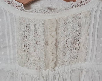 Antique Victorian Cotton Broiderie Anglaise Christening and Lace Gown with Floral Detailing