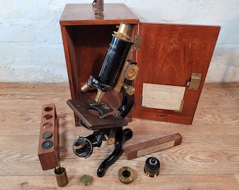 Antique Watson Microscope / Vintage Service Microscope / Large and Heavy Black Enamelled Microscope