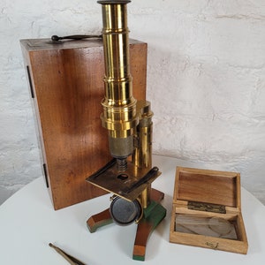 Antique Brass Student Microscope in Case / Antique Microscope / Victorian Microscope
