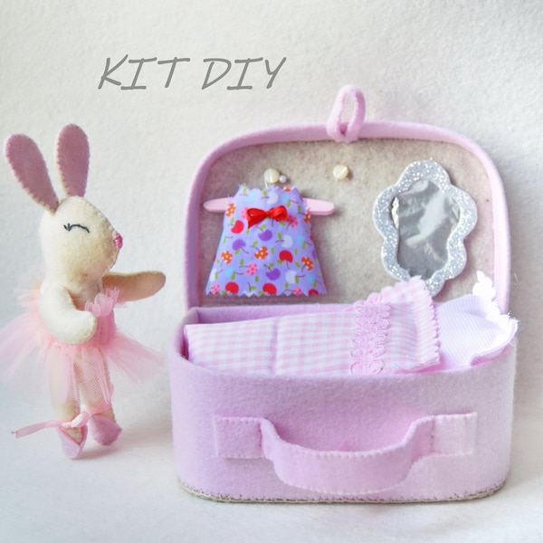 KIT DE BRICOLAGE feutre poupée de lapin ballerine avec valise/Poupée de lapin touristique avec valise/Cadeau pour fille/Kit de bricolage poupée de lapin