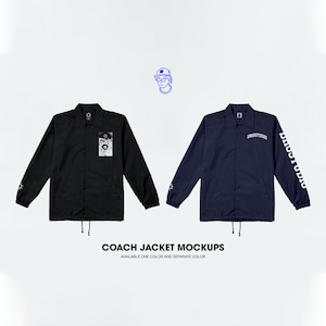 May include: Two coach jackets, one black with a graphic print and one navy blue with "DRGSTUDIO" printed on the sleeve and chest.