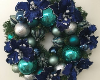 Stunning Blue and Teal Wreath with Poinsettias and Baubles