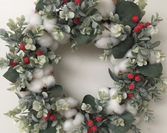 Eucalyptus Wreath with Red Berries and Cotton Flower