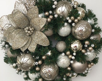 Gorgeous White and Champagne Bauble Wreath with Berries