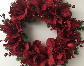 Red Lily Wreath with Berries and Baubles