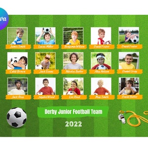 Canva Fußball Team Vorlage, Fußballspieler Canva Vorlage, Fußball Foto Collage, Fußball Vorlage vollständig in Canva bearbeitbar