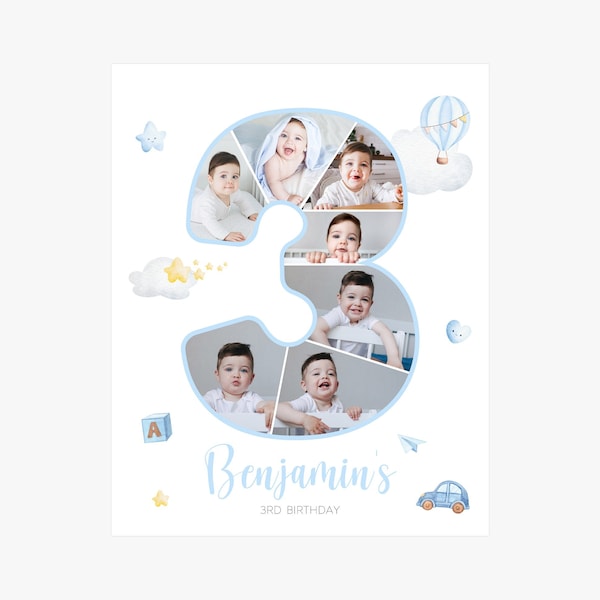 3rd Birthday Template Edit in Canva, Baby Boy 3rd Birthday Photo Collage, 3 Years Baby Photo, 3 Months Baby Photo, Editable in Canva