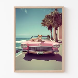 Cheetah Poster, California Wall Art, Cheetah Pink Retro Car Palm Springs, Mid Century Modern, Art Print