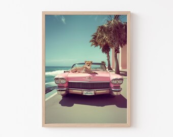 Cheetah Pink Car Art Print: California Retro Wall Decor