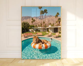 Lion Wall Art, Orange Pool Float Print, Palm Springs Art