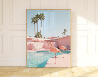 Two Flamingos Poolside Art Print, Palm Springs Pink Wall Decor