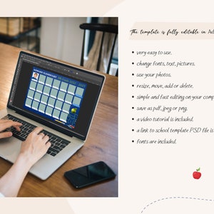 Puede incluir: Una pantalla de computadora port&aacute;til que muestra una plantilla escolar para una foto de clase. La plantilla es azul y verde con un borde blanco e incluye un espacio para una foto de cada estudiante. El texto "Holy Cross 2022-2023" es visible en la plantilla.