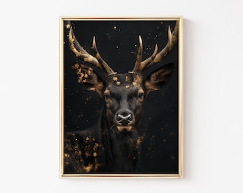 Zwart-gouden kunstprint herten: moderne dierenmuurdecoratie