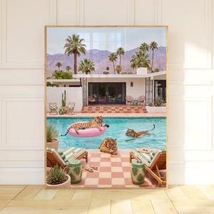 Cuadro de tigre para pared, lámina de flotador rosa para piscina, decoración de Palm Springs