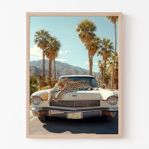 Poster Leopard, Wandkunst Kalifornien, Retro Auto Leopard Palm Springs, Mid Century Modern, Kunstdruck