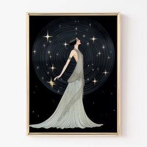 Art Deco Wandkunst, Vintage Poster, Mädchen in der Nacht Sternenhimmel, Roaring 20s, Kunstdruck