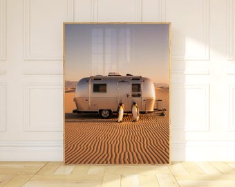 Penguins in Desert Camper Art Print, Retro California Roadtrip Wall Decor