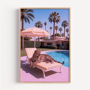 Leopard by the Pool Poster, Pastel Summer Aesthetic Wall Art, Palm Springs Decor, 1960s Aesthetic Wall Decor, Art Print