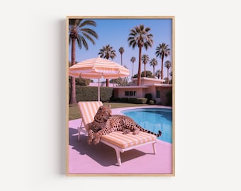 Lámina artística "Leopardo junto a la piscina": Decoración de pared en tonos pastel de Palm Springs