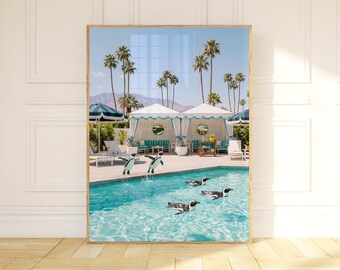 Penguin Wall Art, Palm Springs Pool Print, Retro Poolside Poster, Mid Century Modern California Resort Art