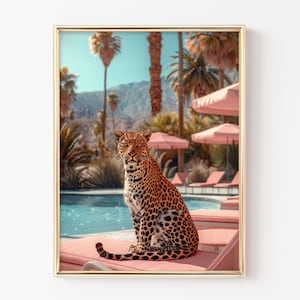 Poster léopard, art mural, léopard au bord de la piscine à Palm Desert, art mural rétro, impression d'art