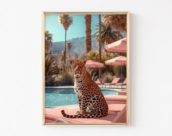 Leopard Poster, Wall Art, Leopard by the Pool in Palm Desert, Retro Wall Art, Art Print