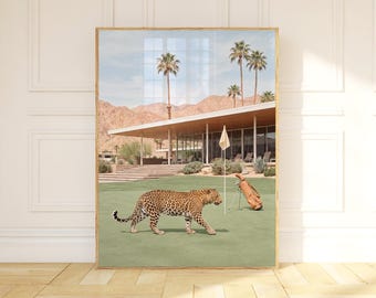 Leopard Golf Wall Art, Palm Springs Golf Print, Mid Century Modern Desert Poster, Golf Course Animal Art