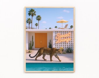 Könnte beinhalten: Ein gerahmter Kunstdruck mit einem Leoparden, der an einem Pool vor einem Gebäude der Moderne der Jahrhundertmitte entlangläuft. Der Druck zeigt einen blauen Himmel, Palmen und die Worte "Sunset Lounge" in Neon.