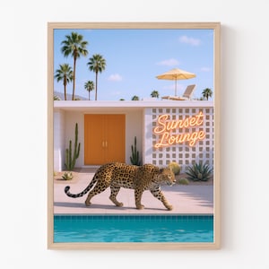 Leopard at Sunset Lounge, Leopard Poster, Mid Century Modern Wall Art, Palm Springs Vibes, Retro Wall Art, Art Print
