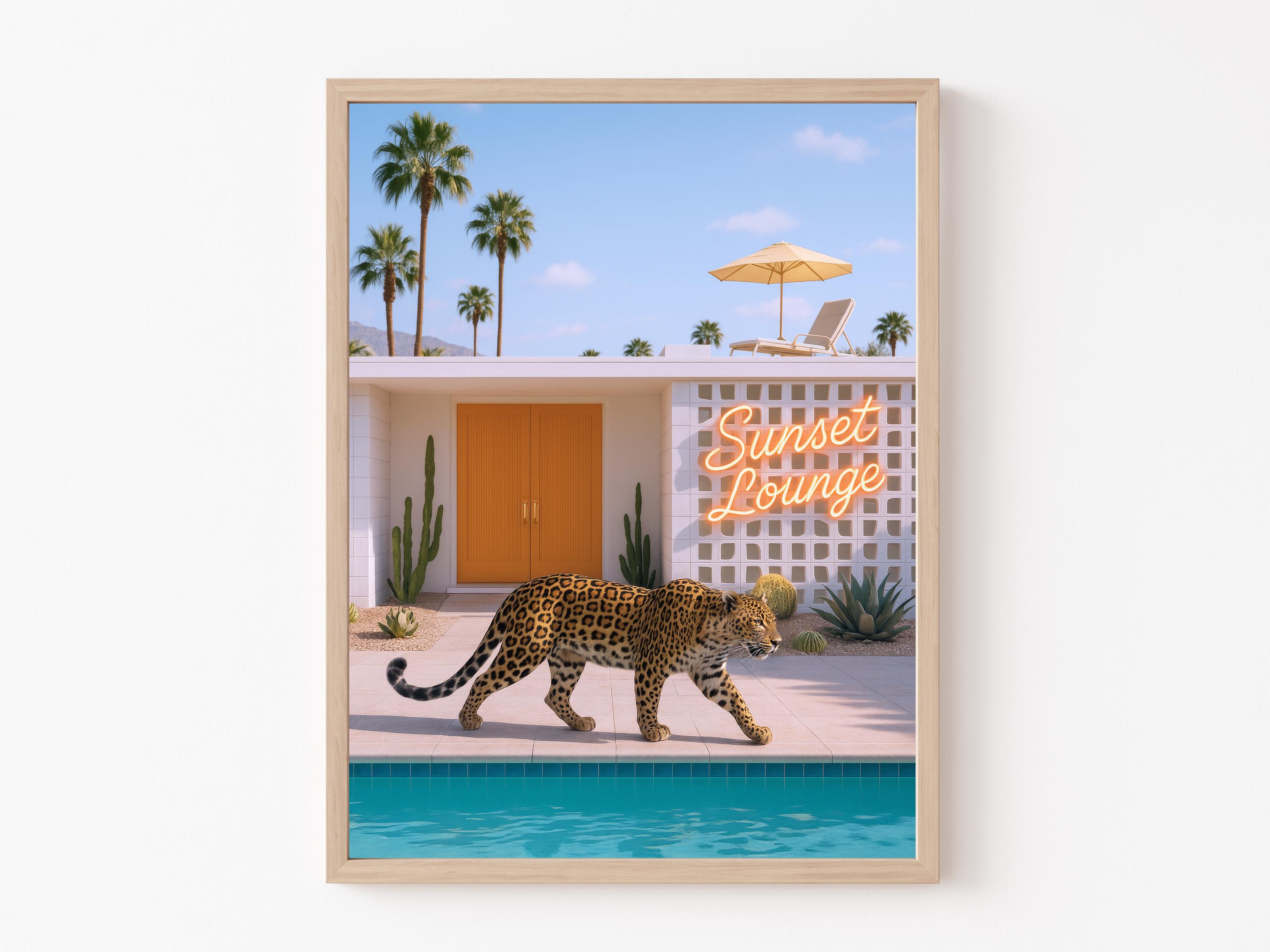 Leopard at Sunset Lounge, Leopard Poster, Mid Century Modern Wall Art, Palm Springs Vibes, Retro Wall Art, Art Print