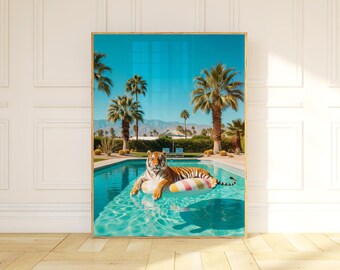 Tiger Pool Party Art Print: Mid Century Modern Wall Art