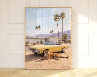 MCM Wall Art, Tiger Wall Art with Yellow Vintage Car, Palm Springs Desert Print, Mid Century Modern California Poster