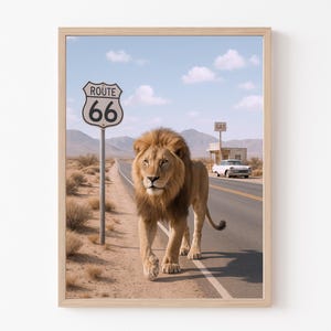 Route 66 Lion Poster, Vintage Desert Animal Art, Midcentury Wall Decor, Vintage Vibes, Art Print