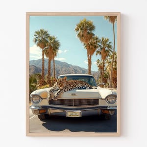 Leopard Poster, California Wall Art, Leopard Retro Car Palm Springs, Mid Century Modern, Art Print