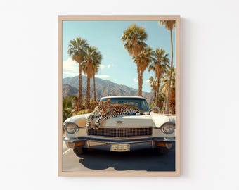 Leopard Poster, California Wall Art, Leopard Retro Car Palm Springs, Mid Century Modern, Art Print