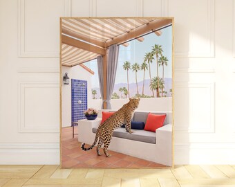 Leopard Wall Art, Palm Springs Patio Print, Mid Century Modern Desert Poster, California Resort Decor