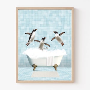 Penguins in Vintage Bathtub, Penguins, Bathroom Wall Art , Penguins in Bathtub, Art Print
