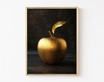 Black Art, Gold Kitchen Decor, Gold Wall Art, Gold Apple, Art Print