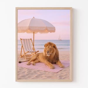 Lion Poster, Coastal Wall Art, Pink Wall Art, Mid Century Modern, Art Print