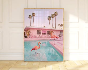 Flamingo Desert Oasis Art Print, Palm Springs Pink Pool Wall Decor