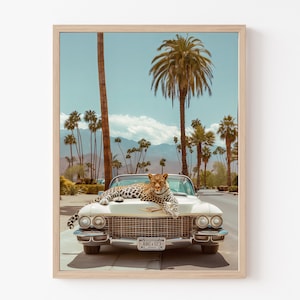 Poster Leopard, Wandkunst Kalifornien, Retro Auto Leopard Palm Springs, Mid Century Modern, Kunstdruck